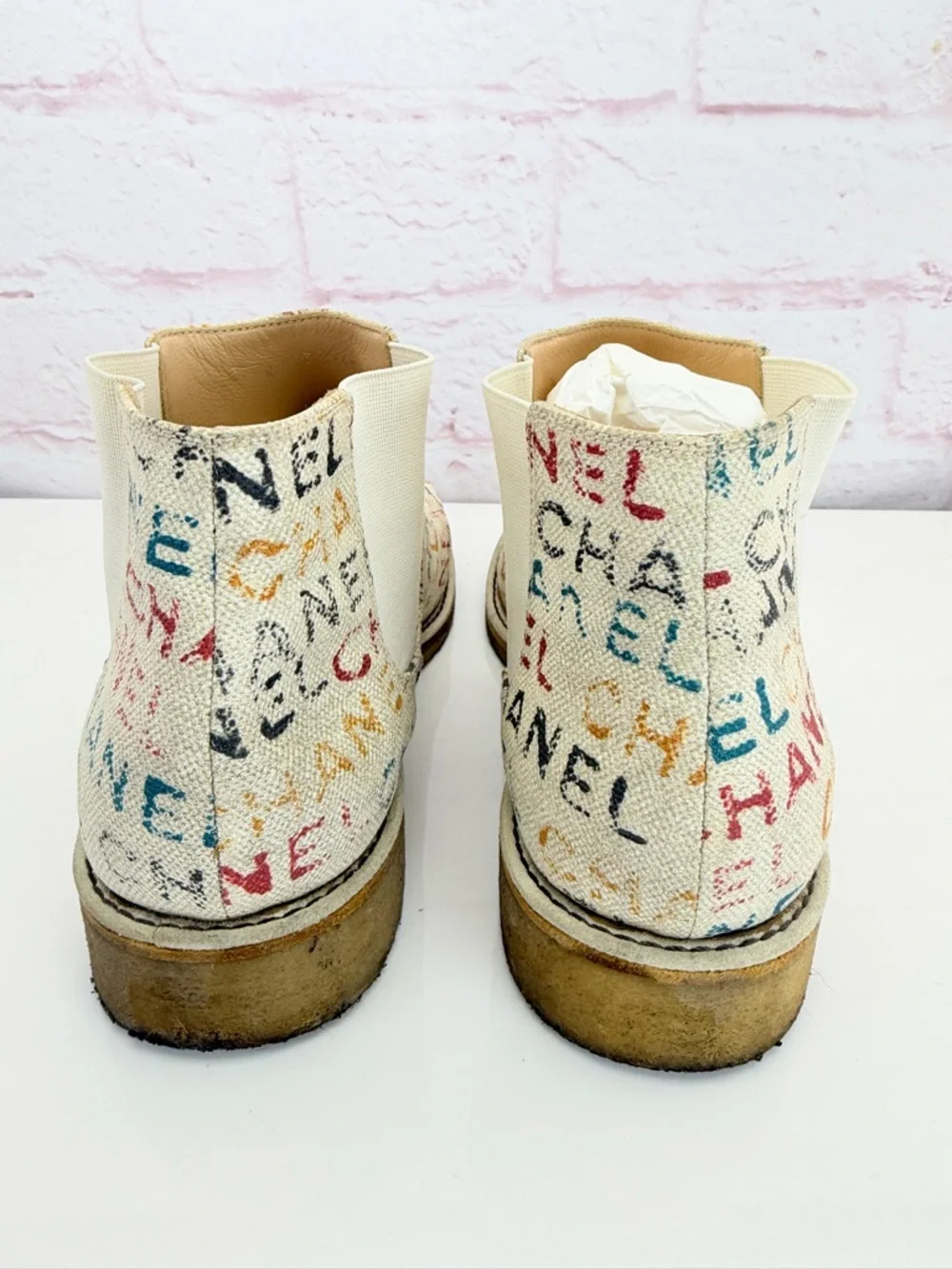 Chanel Graphic Multicolor Logo Canvas Chelsea Boots 41